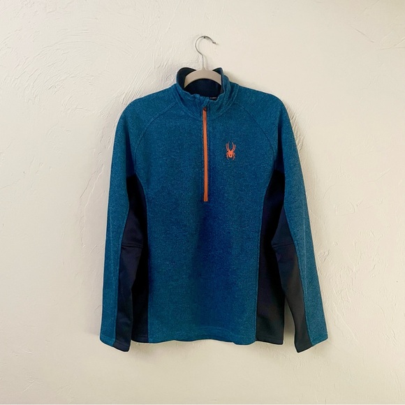 Men’s Spyder Outbound 1/4 Zip Mid Weight Core Sweater in Blue/Orange/Black - Picture 1 of 13